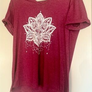 Women’s V-Neck Floral Mandala Tee - Wine-Burgundy Color